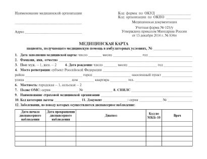 Обложка Медицинская карта пациента, получающего медицинскую помощь в амбулаторных условиях (форма №025/у) 