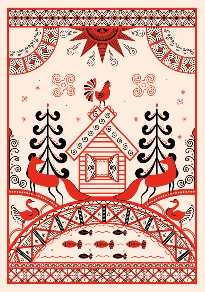 Обложка Блокнот Жили-были. Мезенская роспись «Лиса» (формат А5, 144 стр., блинтовое тиснение, тонированный блок) 