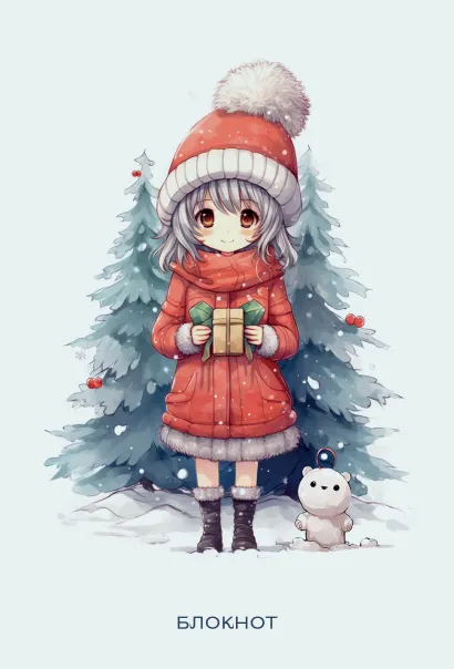 Обложка Аниме. Новогодний блокнот (А6, 48 л., цветной блок, на пружине, белый) 