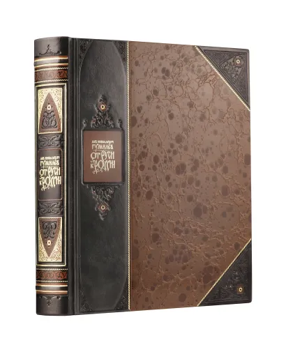 Обложка "От Руси к России Льва Гумилева". Книга в коллекционном переплете из двух видов кожи с рисунком мраморной бумаги и с изящным тиснением в стиле 19 века