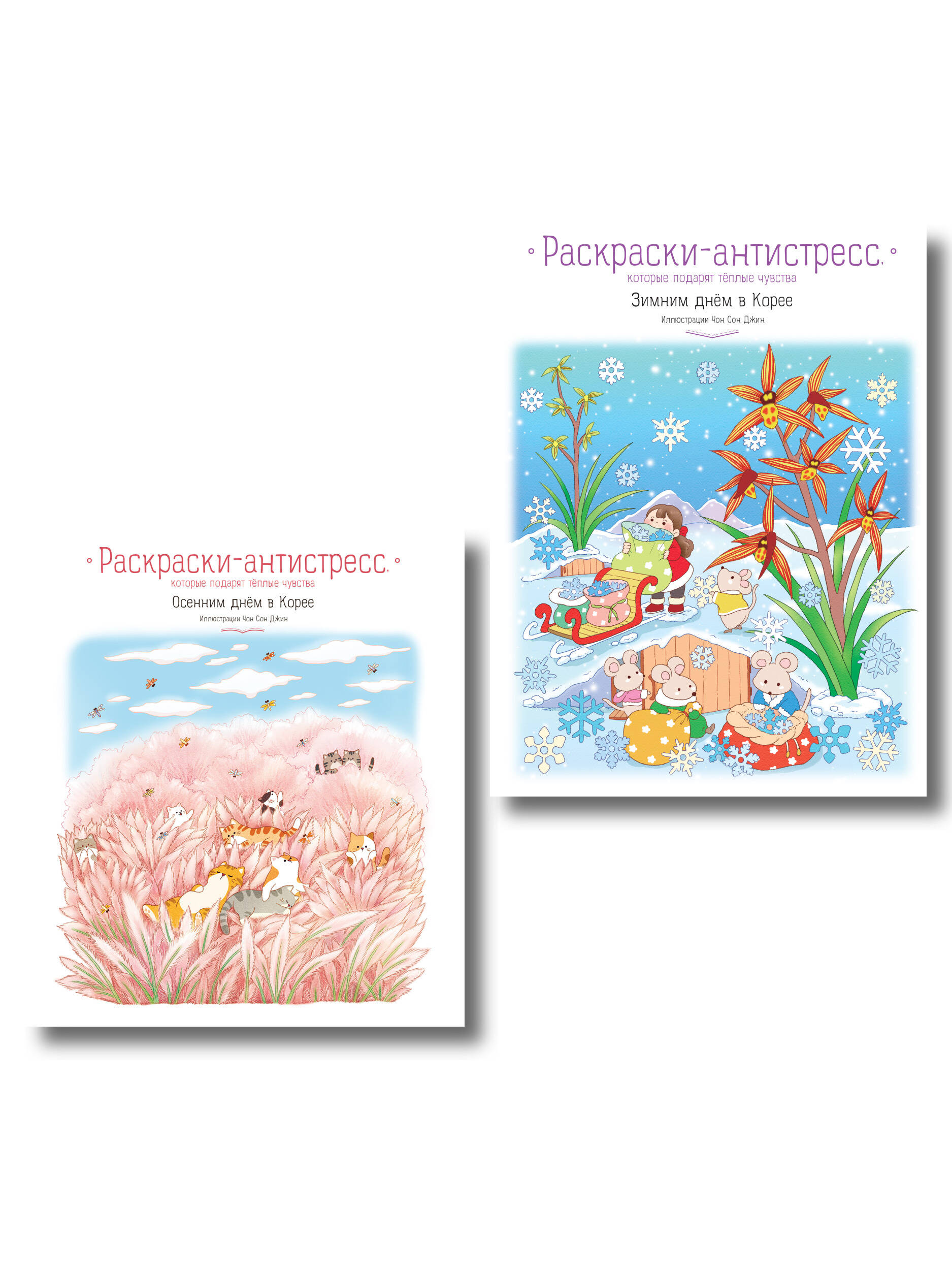 Комплект из 2 раскрасок-антистресс. Осенним днем в Корее + Зимним днем в Корее (ИК)